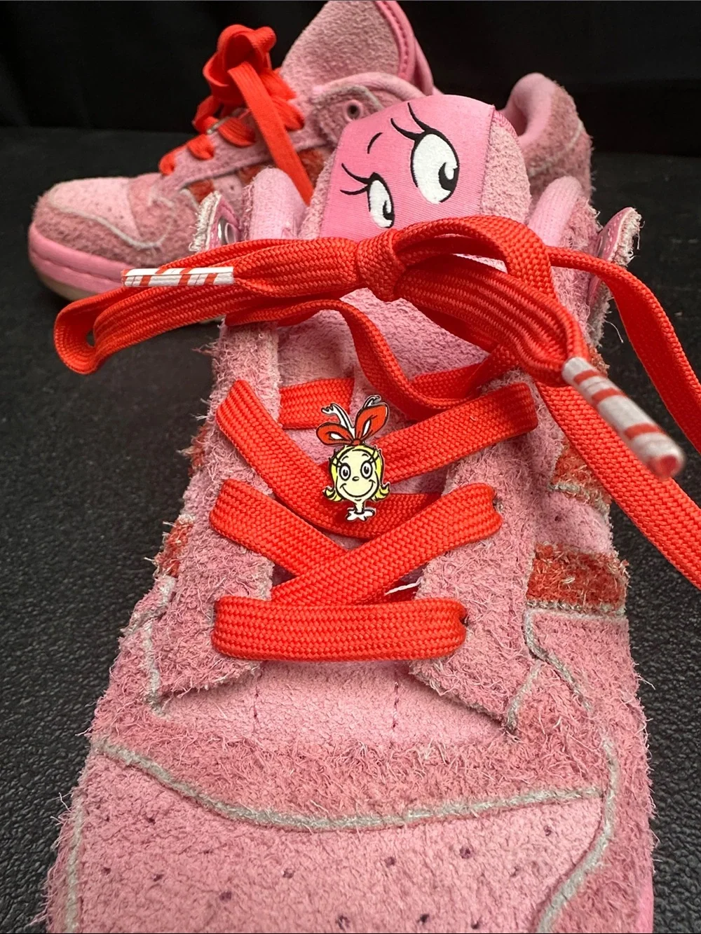 Adidas + Dr. Seuss Kids Pink Suede Sneakers with Red Laces and Character Tongue